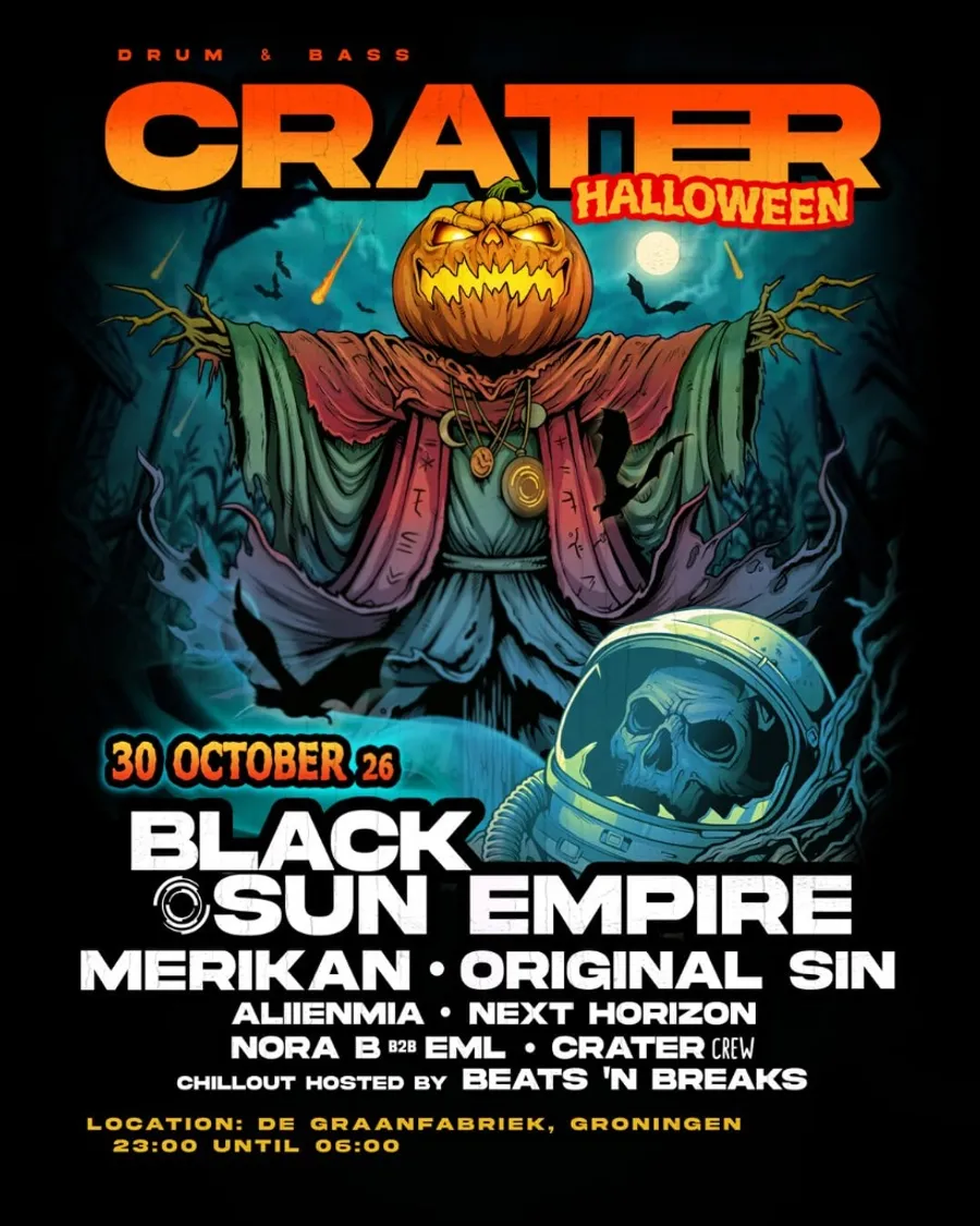 CraterDNB #6 Halloween Edition Poster – Black Sun Empire, Merikan, Original Sin, 30 October 2026 at Graanfabriek Groningen